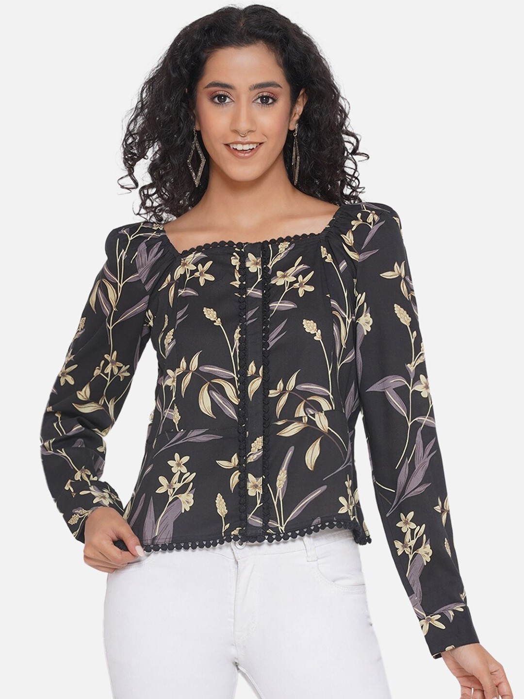 

KALINI Floral Print Top, Black