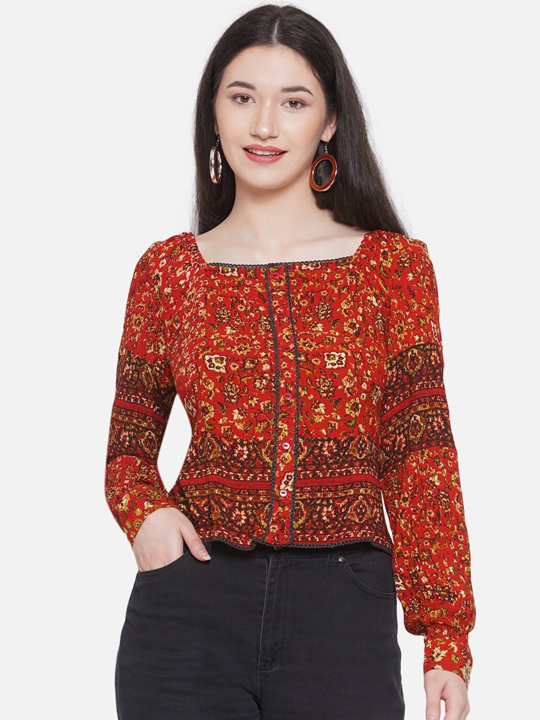 

KALINI Floral Print Puff Sleeve Blouson Top, Red