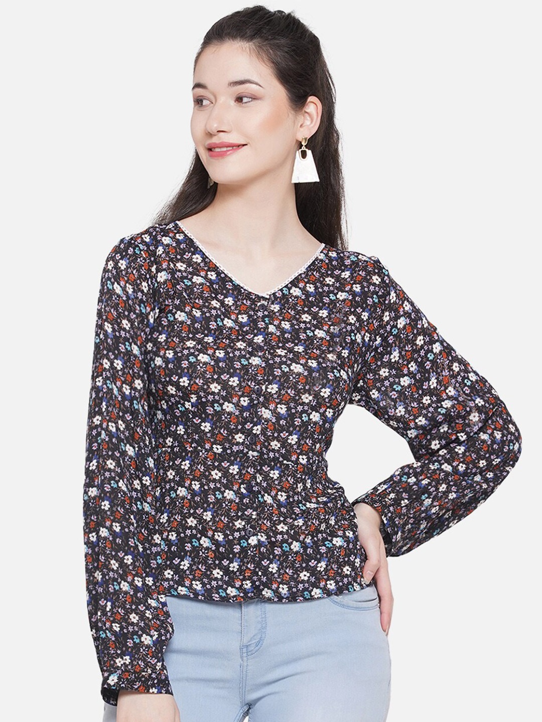 

KALINI Floral Print Top, Black
