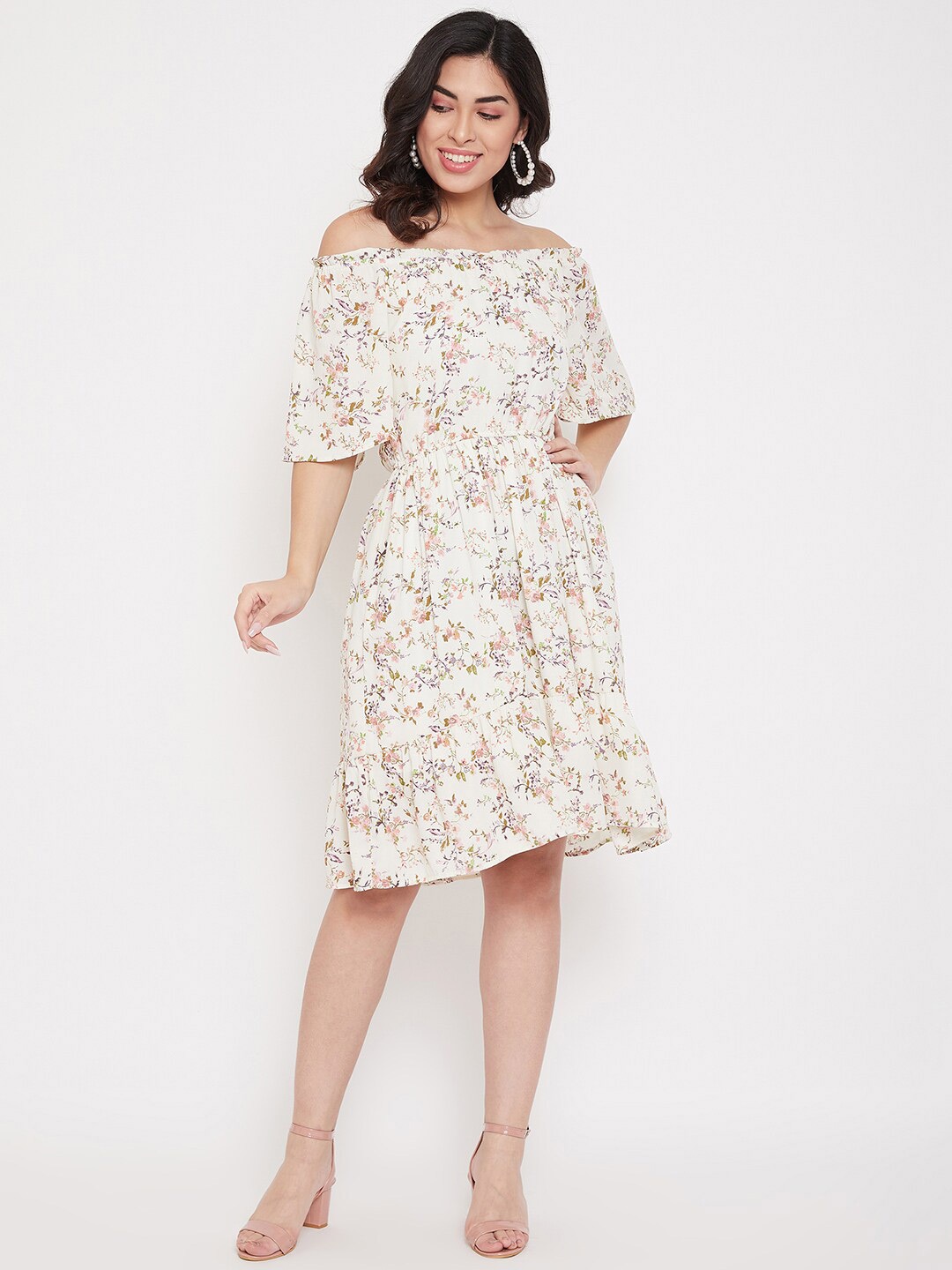 

Ruhaans Women's Floral Print Off-Shoulder Georgette Fit & Flare Dress, Cream