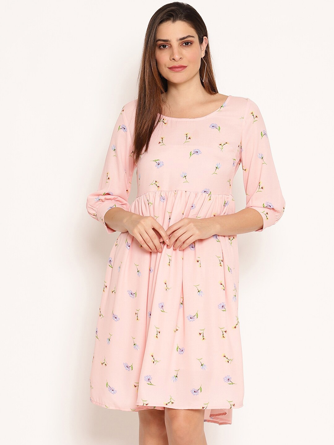 

Ruhaans Women's Floral Printed Georgette Fit & Flare Dress, Peach