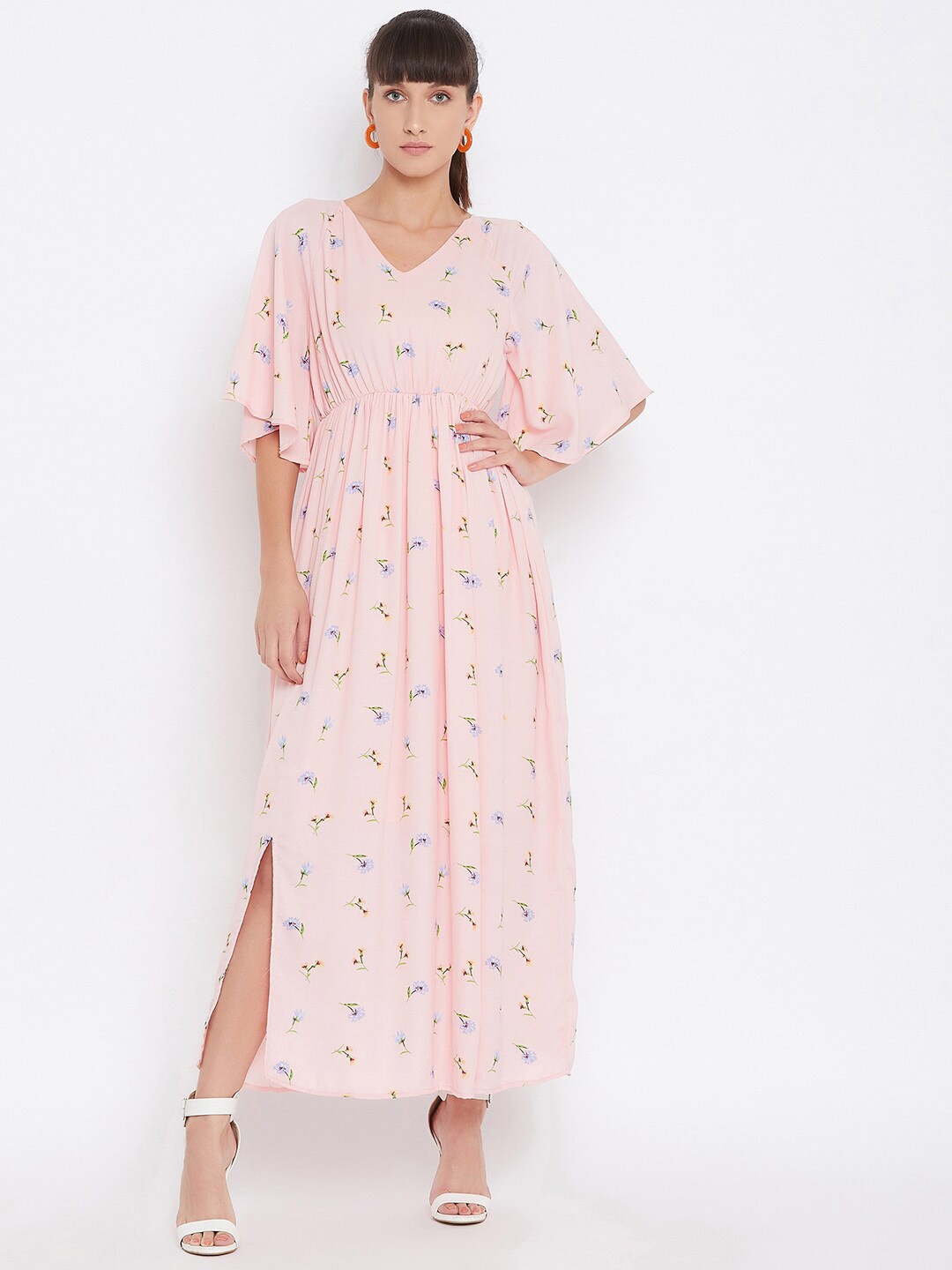 

Ruhaans Women's Floral Print Flared Sleeve Georgette Maxi Dress, Peach