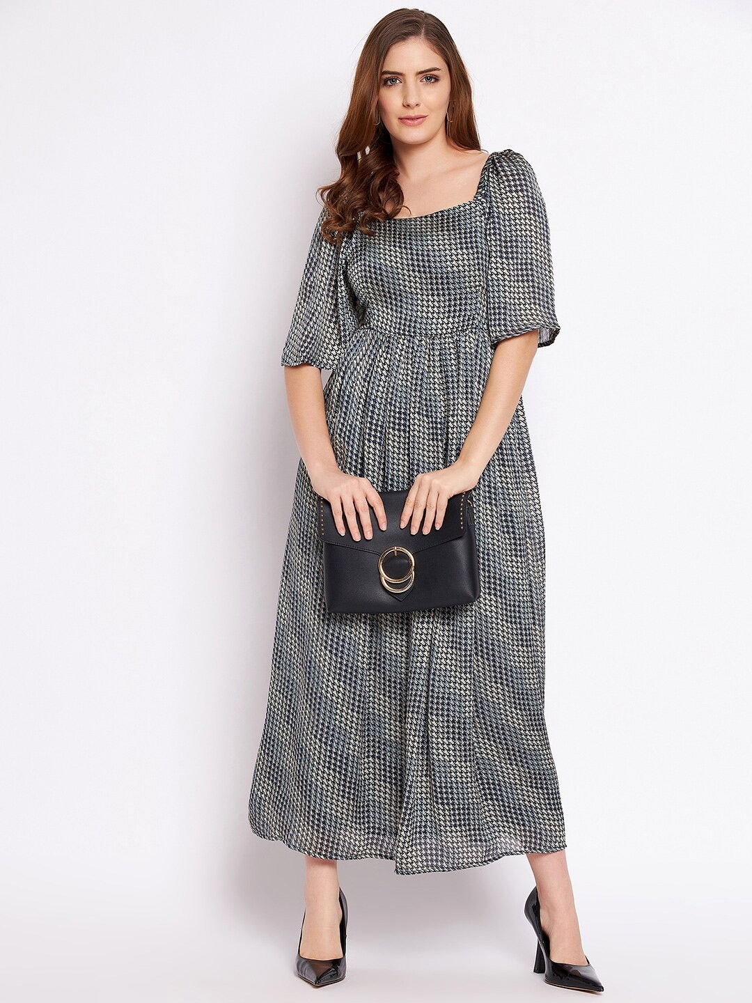 

Ruhaans Women's Geometric Printed Chiffon Maxi Dress, Black