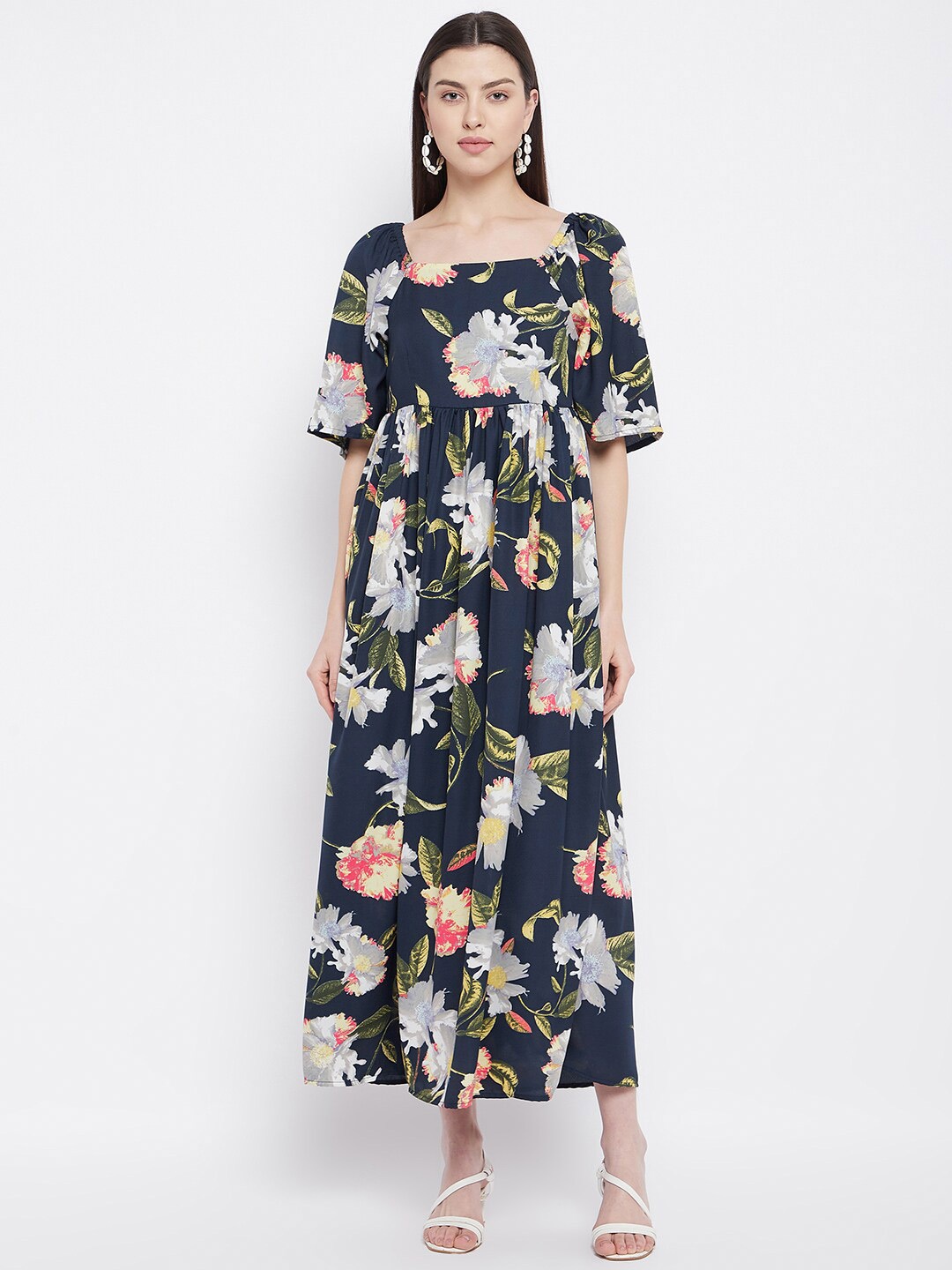 

Ruhaans Women's Floral Print Crepe A-Line Midi Dress, Blue