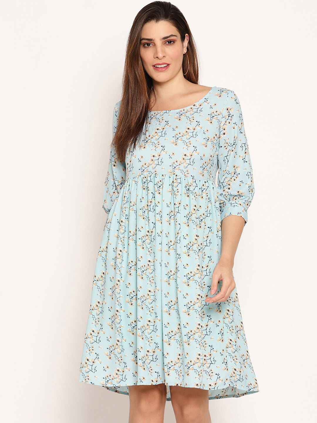 

Ruhaans Women's Floral Print Puff Sleeve Georgette Fit & Flare Dress, Blue