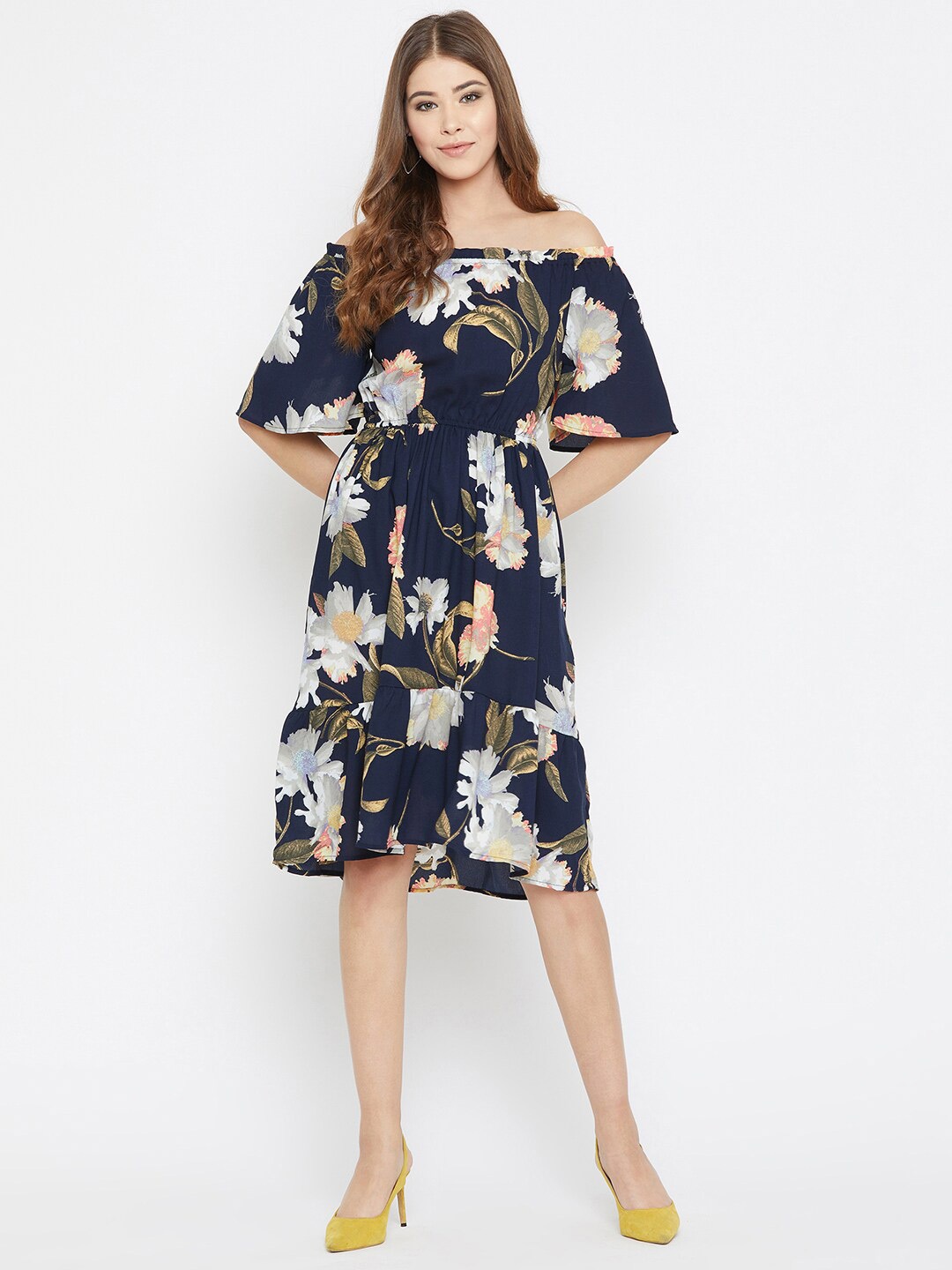 

Ruhaans Women's Floral Print Off-Shoulder Bell Sleeve Georgette Fit & Flare Dress, Navy blue
