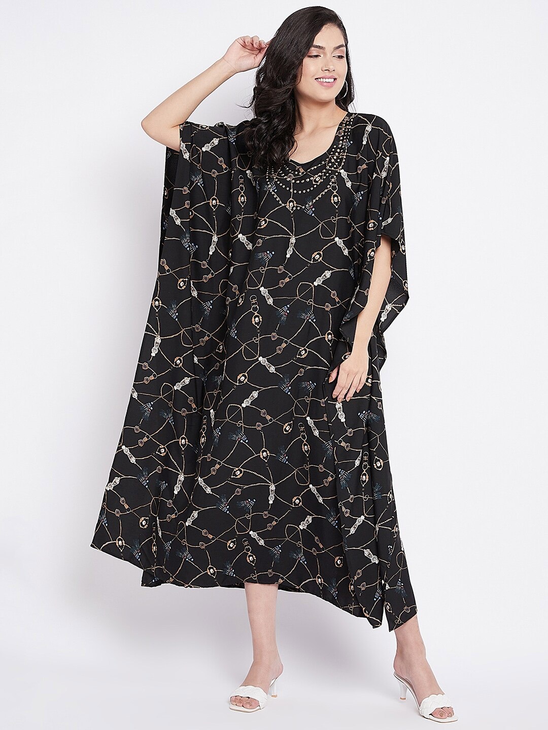 

Ruhaans Conversational Printed Slit Sleeve Crepe Kaftan Maxi Dress, Black