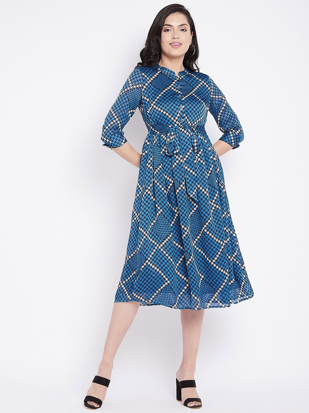 

Ruhaans Women's Geometric Printed Chiffon Fit & Flare Midi Dress, Blue