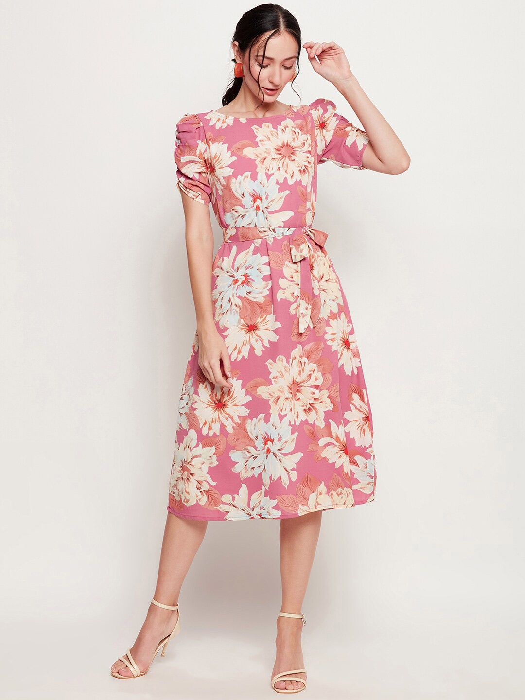 Ruhaans Women's Floral Print Georgette Sheath Midi Dress, Pink