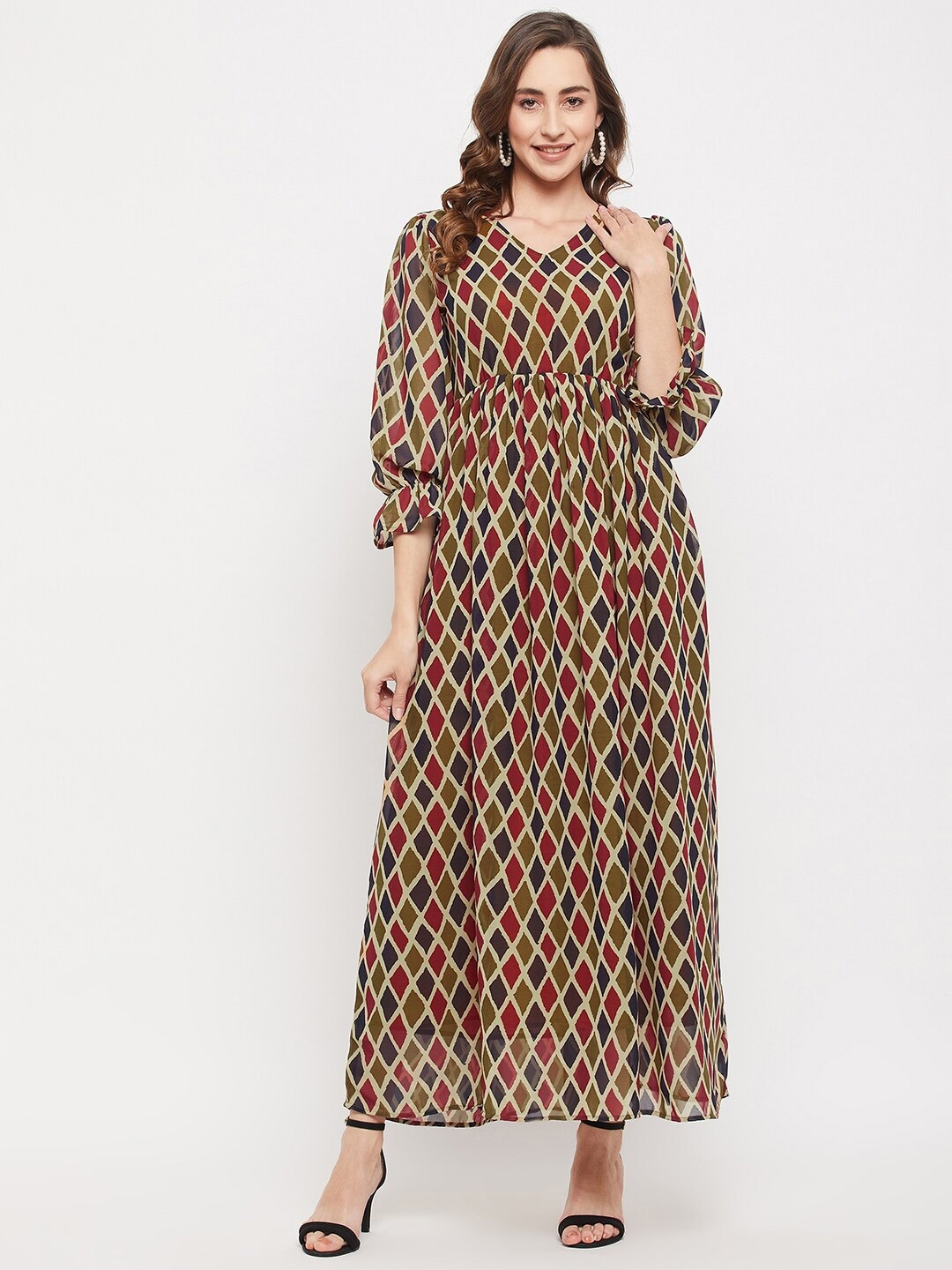 

Ruhaans Women's Geometric Printed Bell Sleeve Georgette Maxi Dress, Brown