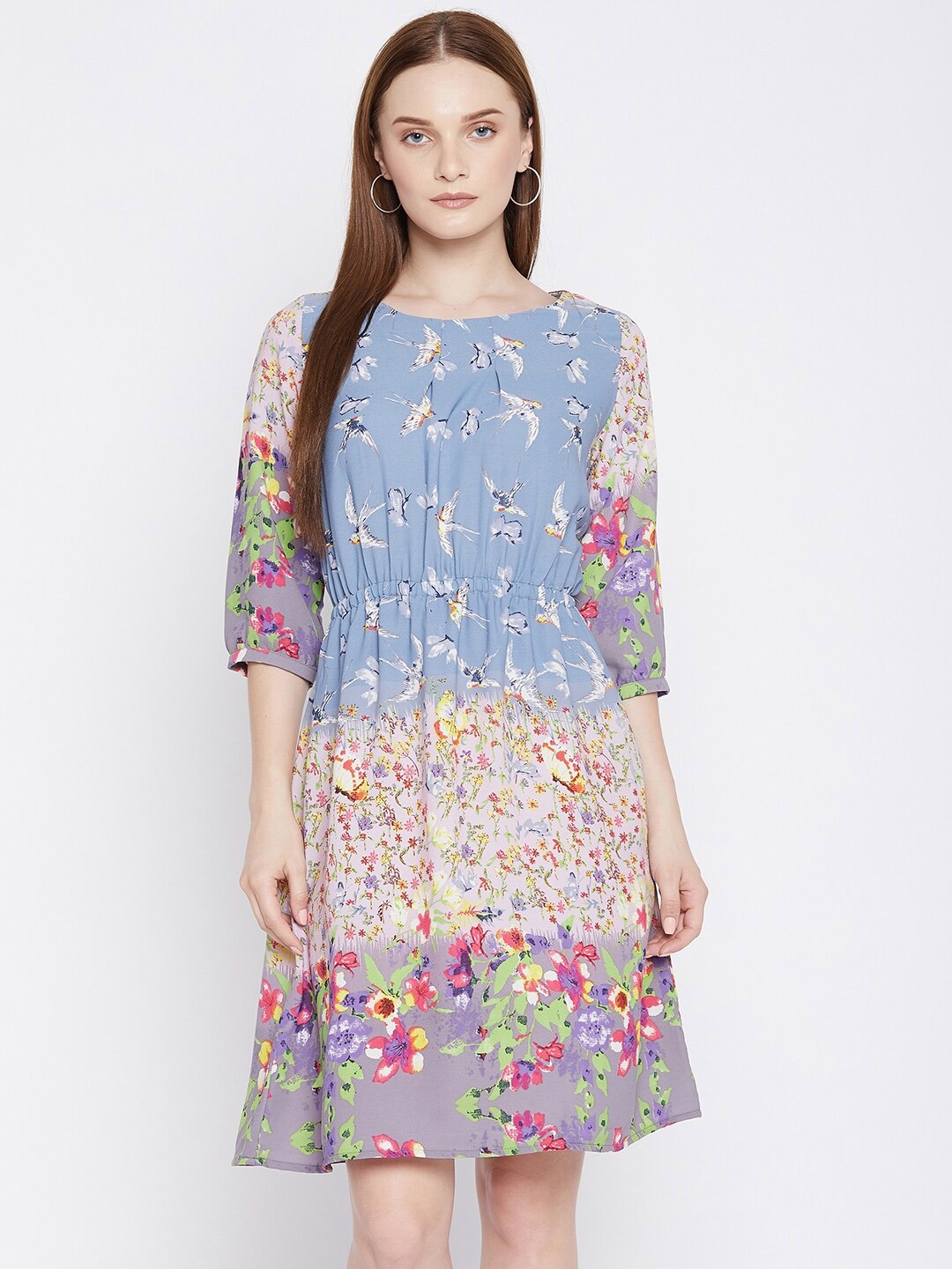 

Ruhaans Women's Floral Print Georgette A-Line Dress, Multi