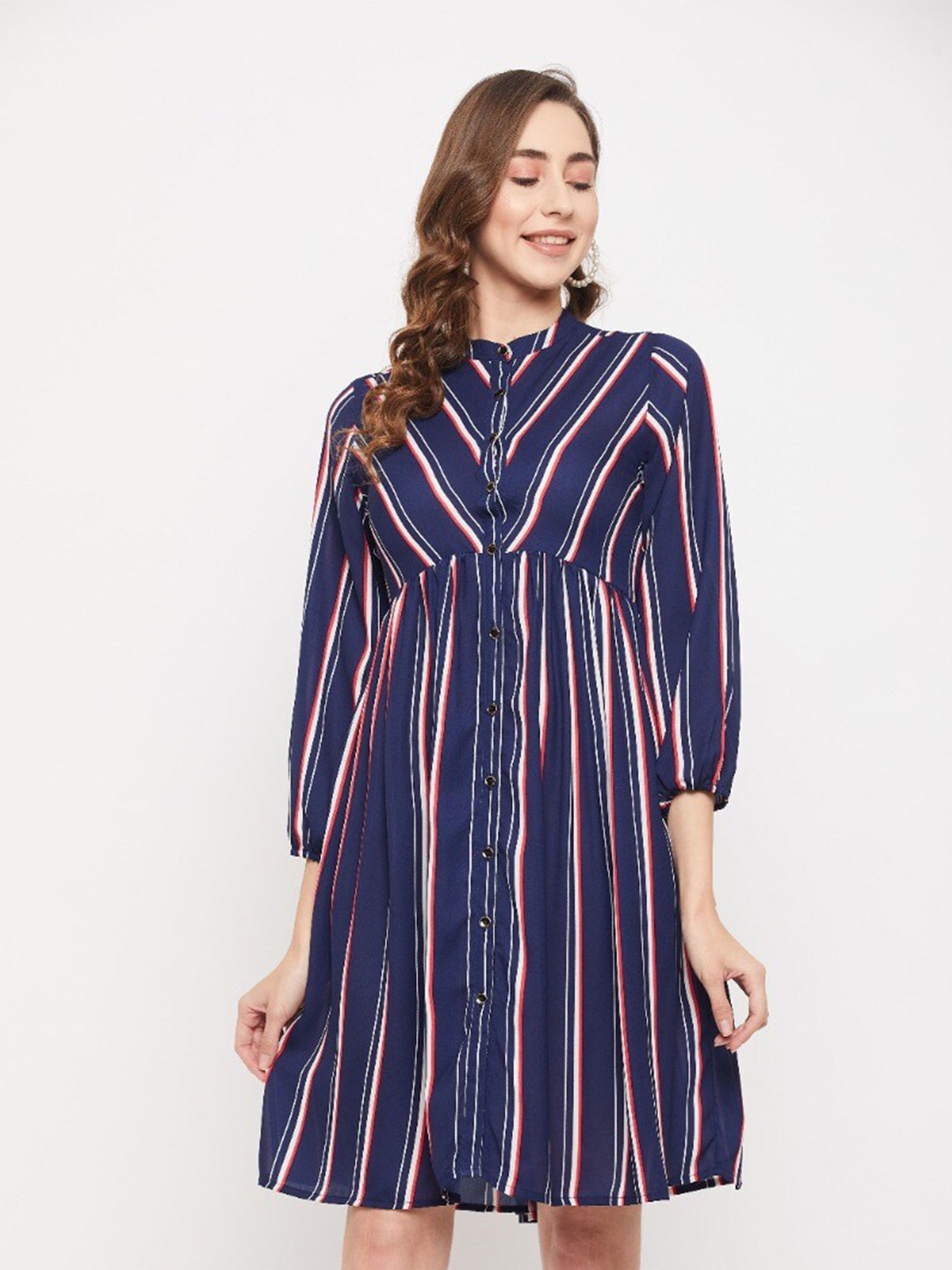 

Ruhaans Women's Striped Crepe A-Line Dress, Navy blue