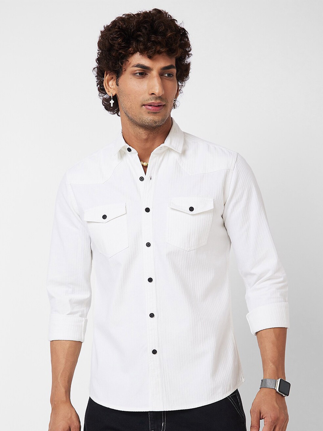 

VASTRADO Men Striped Double Pocket Shirt, White