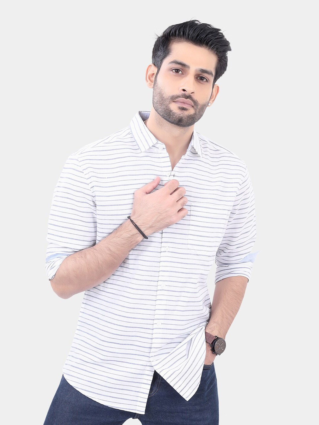 

VASTRADO Men Classic Slim Fit Horizontal Stripes Opaque Striped Casual Shirt, White