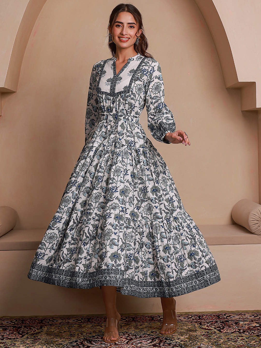 

GULAB CHAND TRENDS Floral Printed Mandarin Collar Cotton A-Line Ethnic Dresses, White