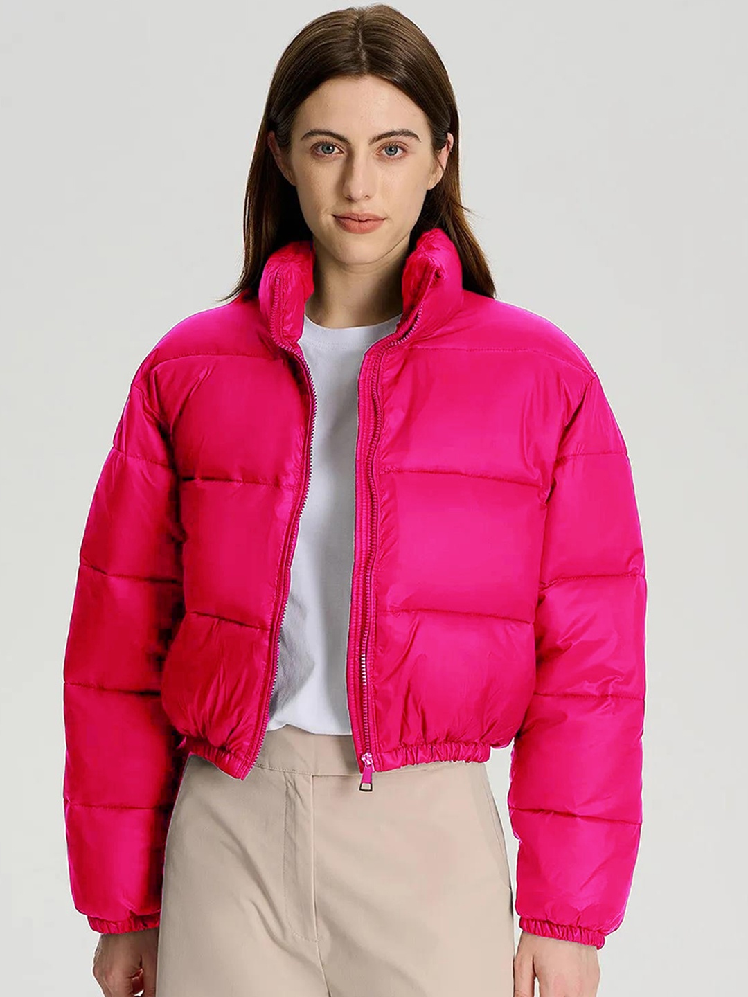

Kotty Mock Collar Crop Puffer Jacket, Pink