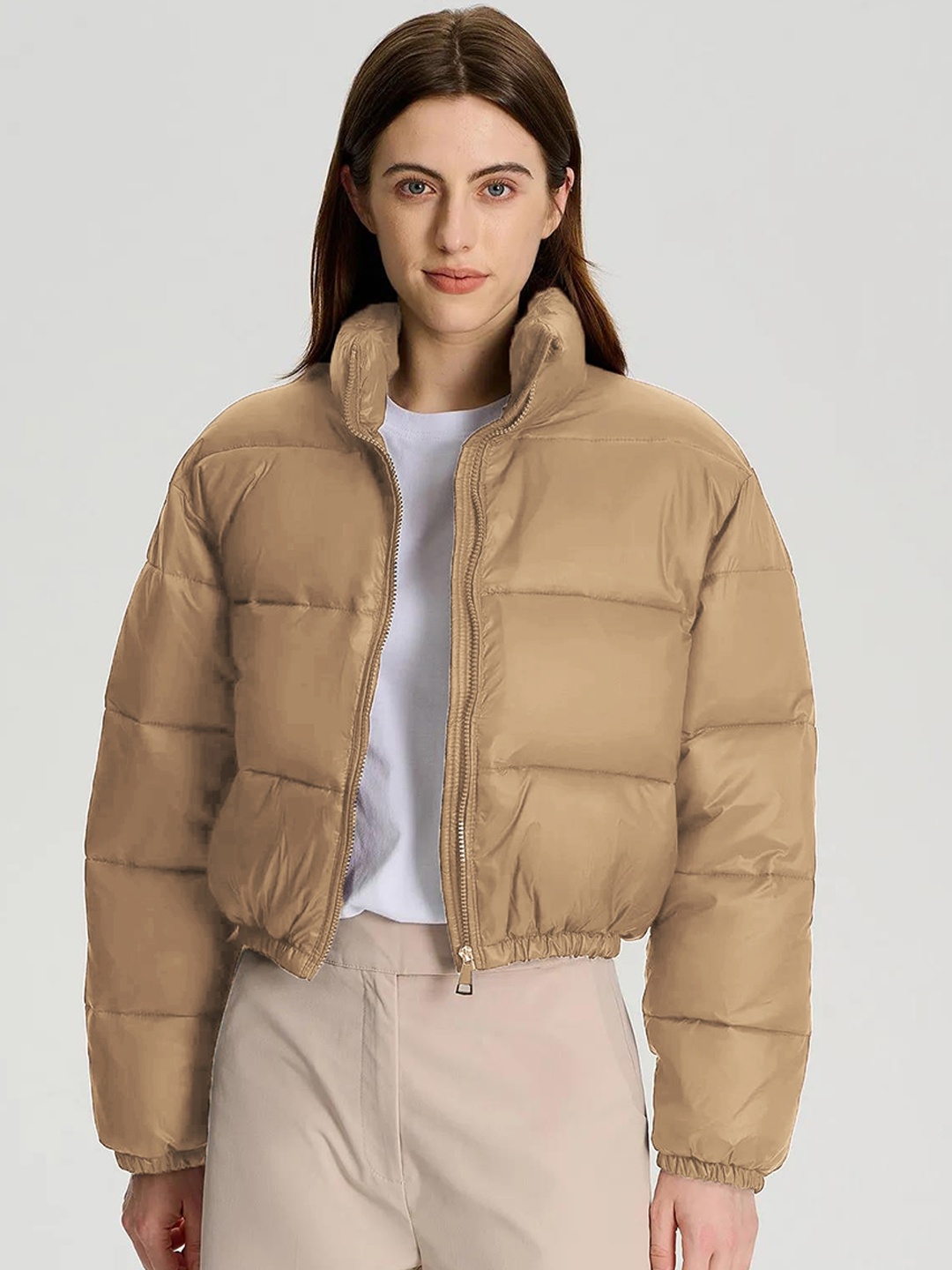 

Kotty Mock Collar Crop Puffer Jacket, Beige