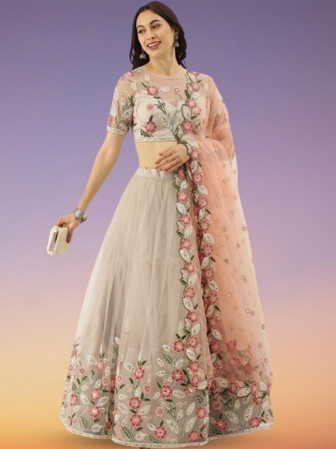 

BAESD Floral Embroidered Semi-Stitched Net Lehenga & Unstitched Blouse With Dupatta, Off white