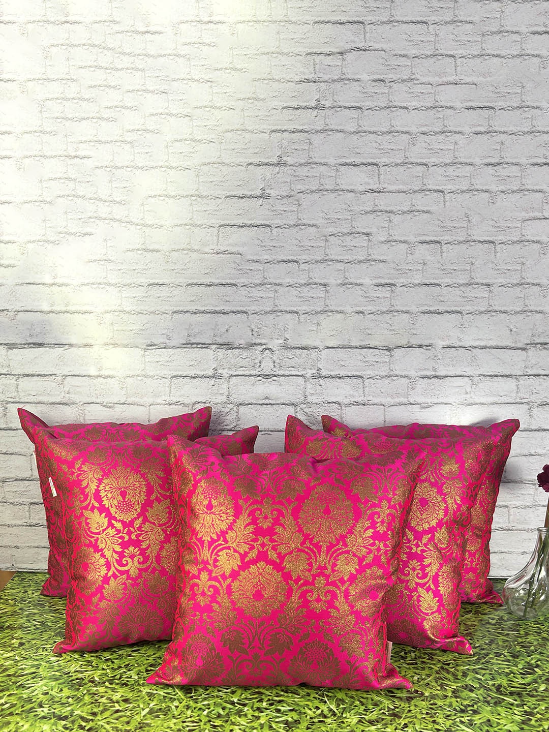 

Pink Parrot Pink & Gold-Toned 5 Pcs Embroidered Square Cushion Covers