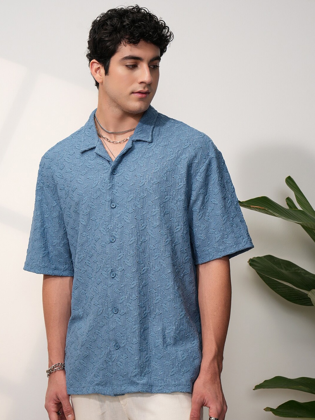 

LOCOMOTIVE Men Premium Knitted Textured Cuban Collar Oversized Shirt, Blue