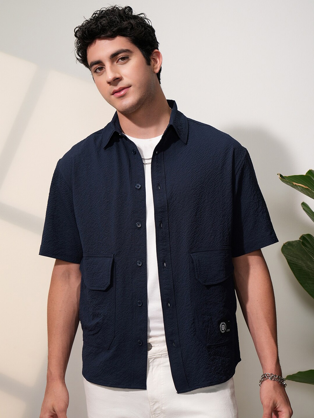 

Locomotive Men Popcorn Textured Utility Pocket Oversized Overshirt, Navy blue