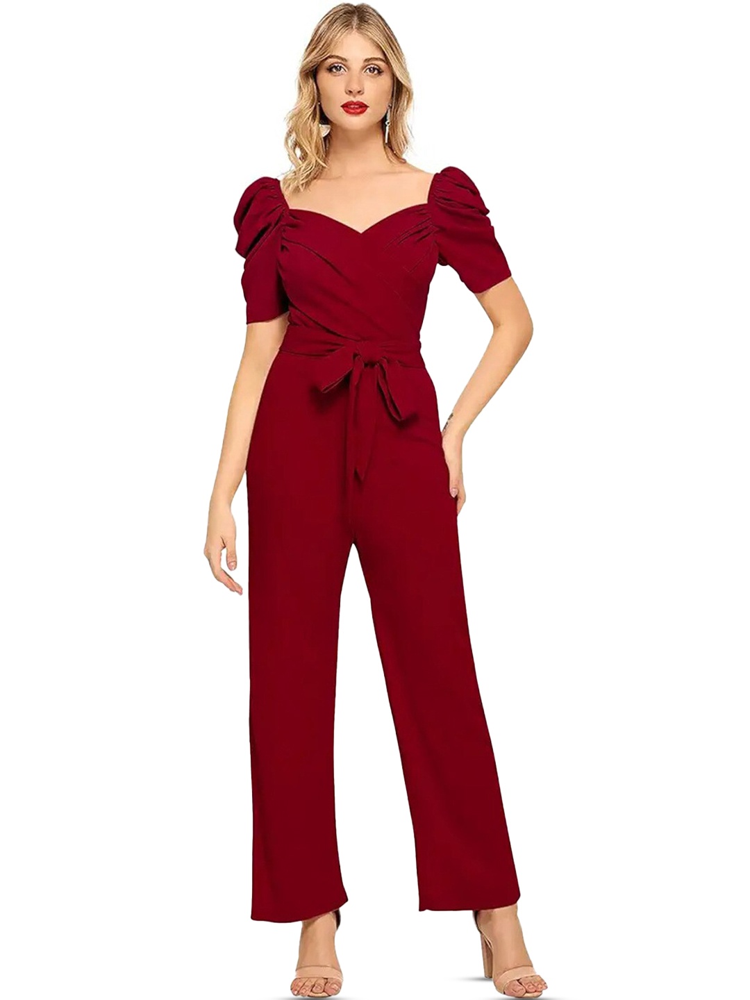 

ODETTE Sweetheart Neck Puff Sleeves Basic Jumpsuit, Maroon