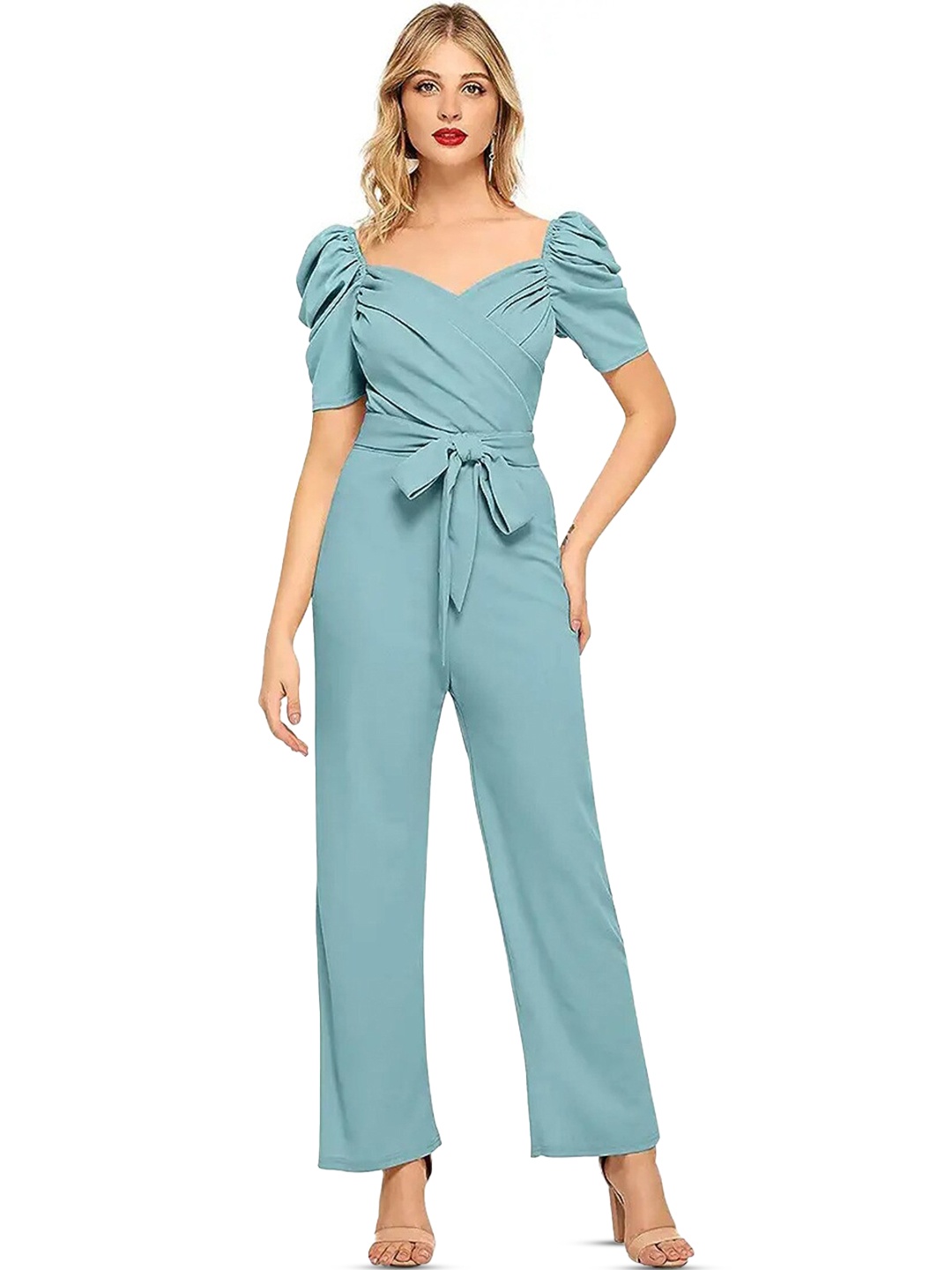 

ODETTE Sweetheart Neck Puff Sleeves Jumpsuit, Blue