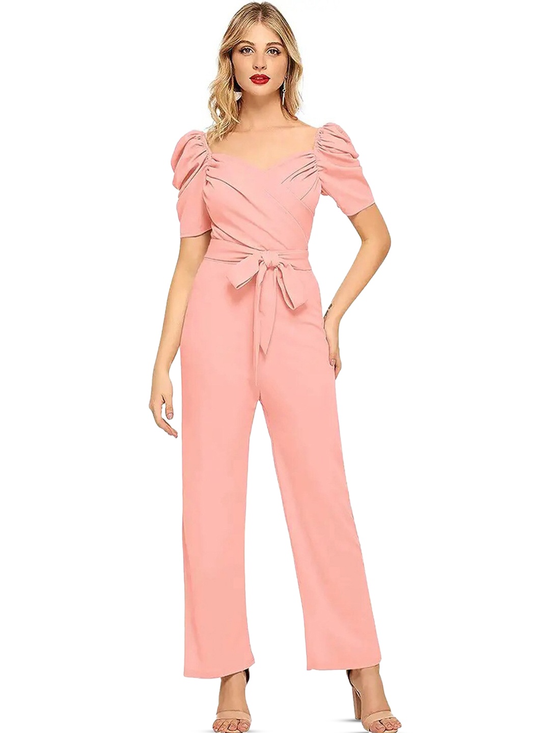 

ODETTE Sweetheart Neck Puff Sleeves Basic Jumpsuit, Peach