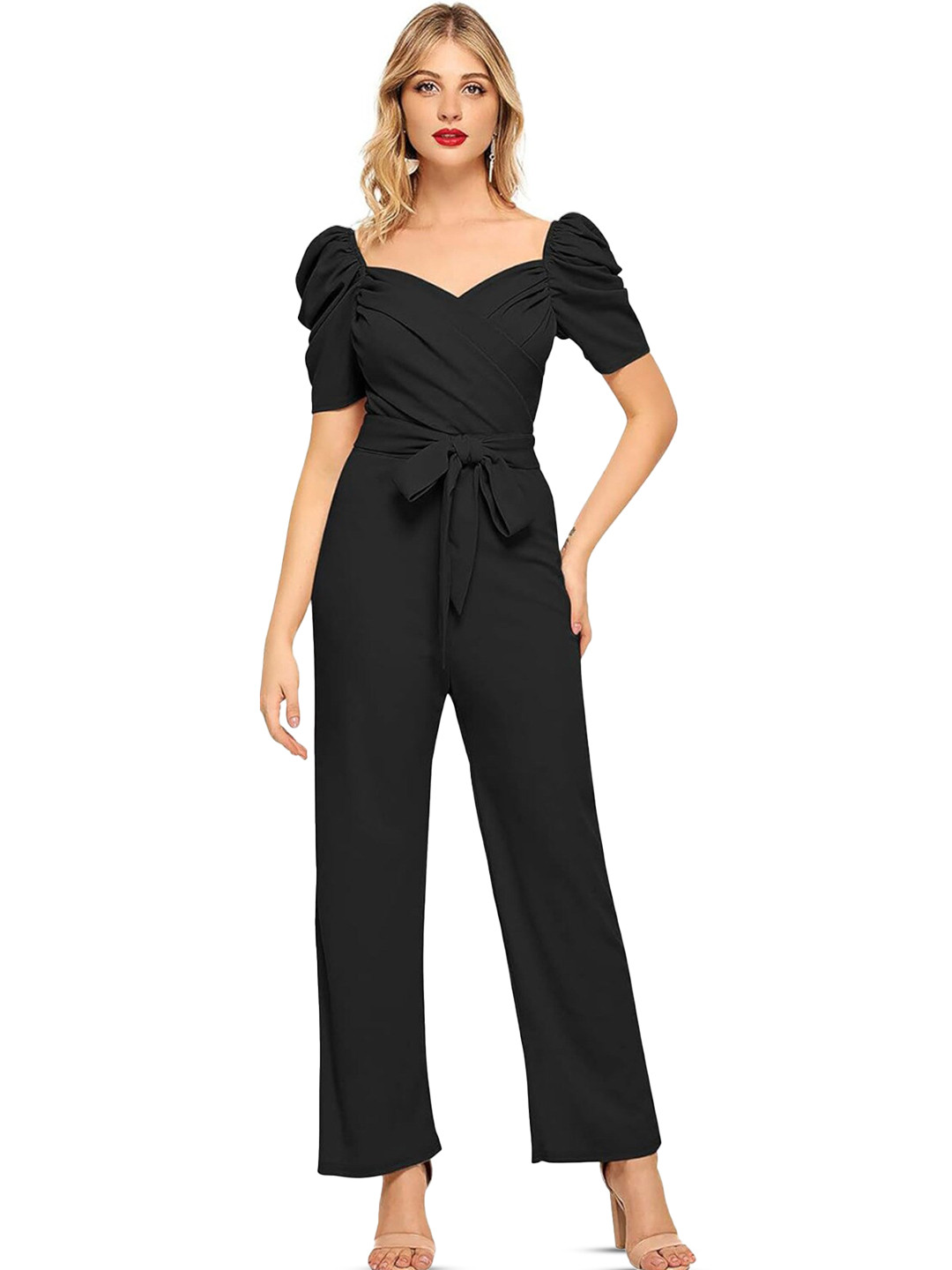 

ODETTE Sweetheart Neck Puff Sleeves Jumpsuit, Black