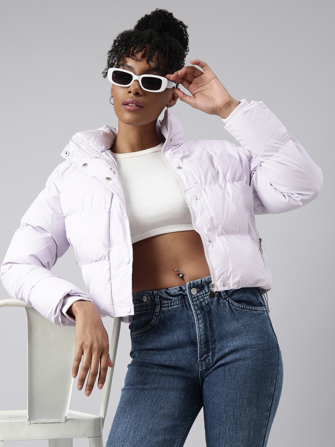 

SHOWOFF Women Washed Windcheater Crop Puffer Jacket, Lavender