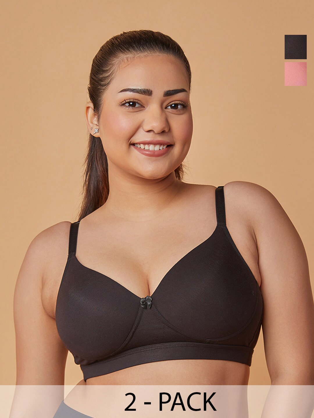 

MAASHIE Pack of 2 Lightly Padded Full Coverage T-Shirt Bra PR-BLK, Black