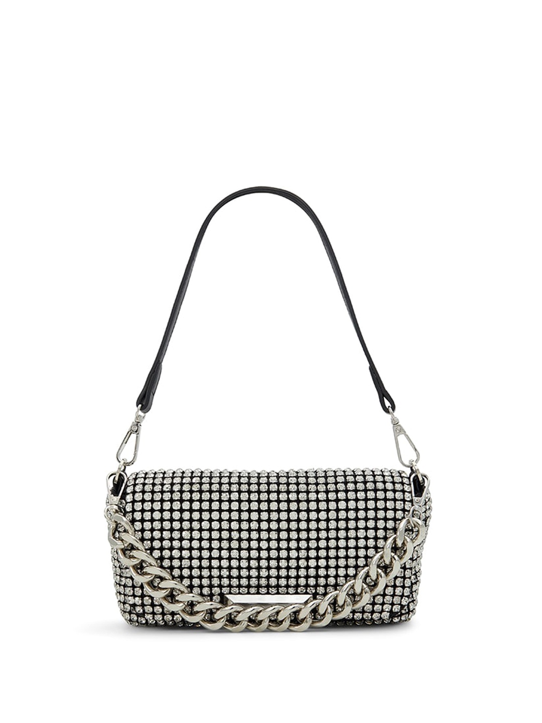 

ALDO Geometric Checked Half Moon Handheld Bag with Cut Work, Silver