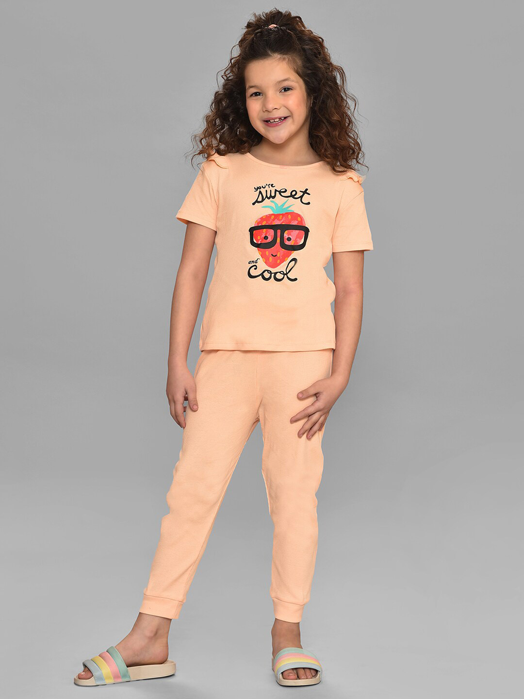 

MiArcus Girls Printed Pure Cotton T-shirt with Trousers, Peach