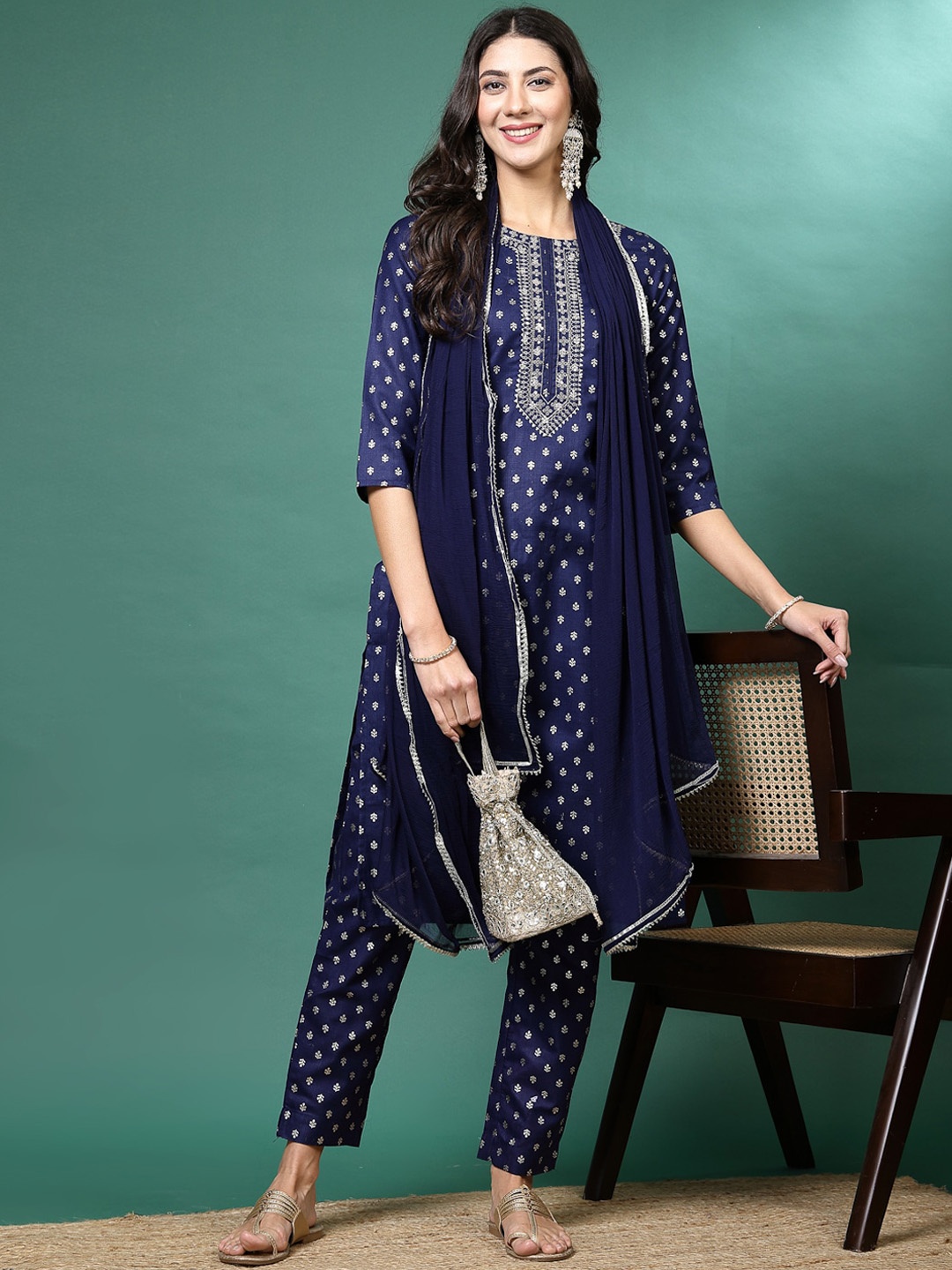 

Sangria Ethnic Motifs Printed Zari Sequined Pure Cotton Kurta With Trousers & Dupatta, Navy blue