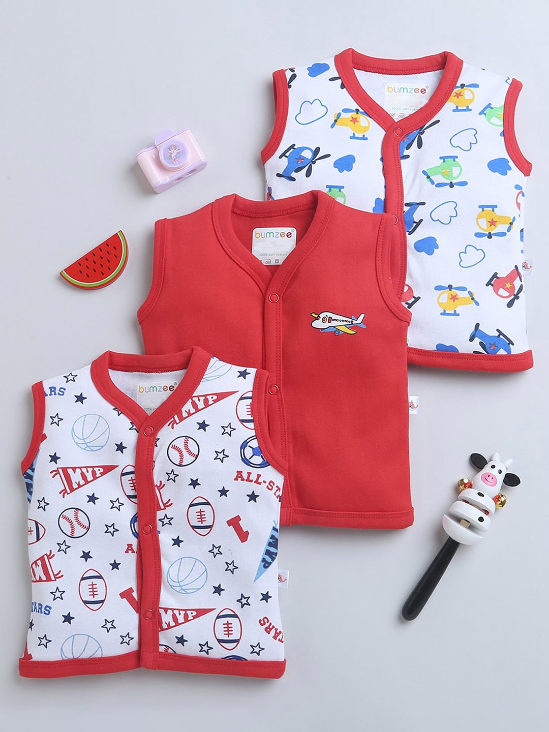 

BUMZEE Infant Boys Pack Of 3 Printed Cotton Jhabla, Red