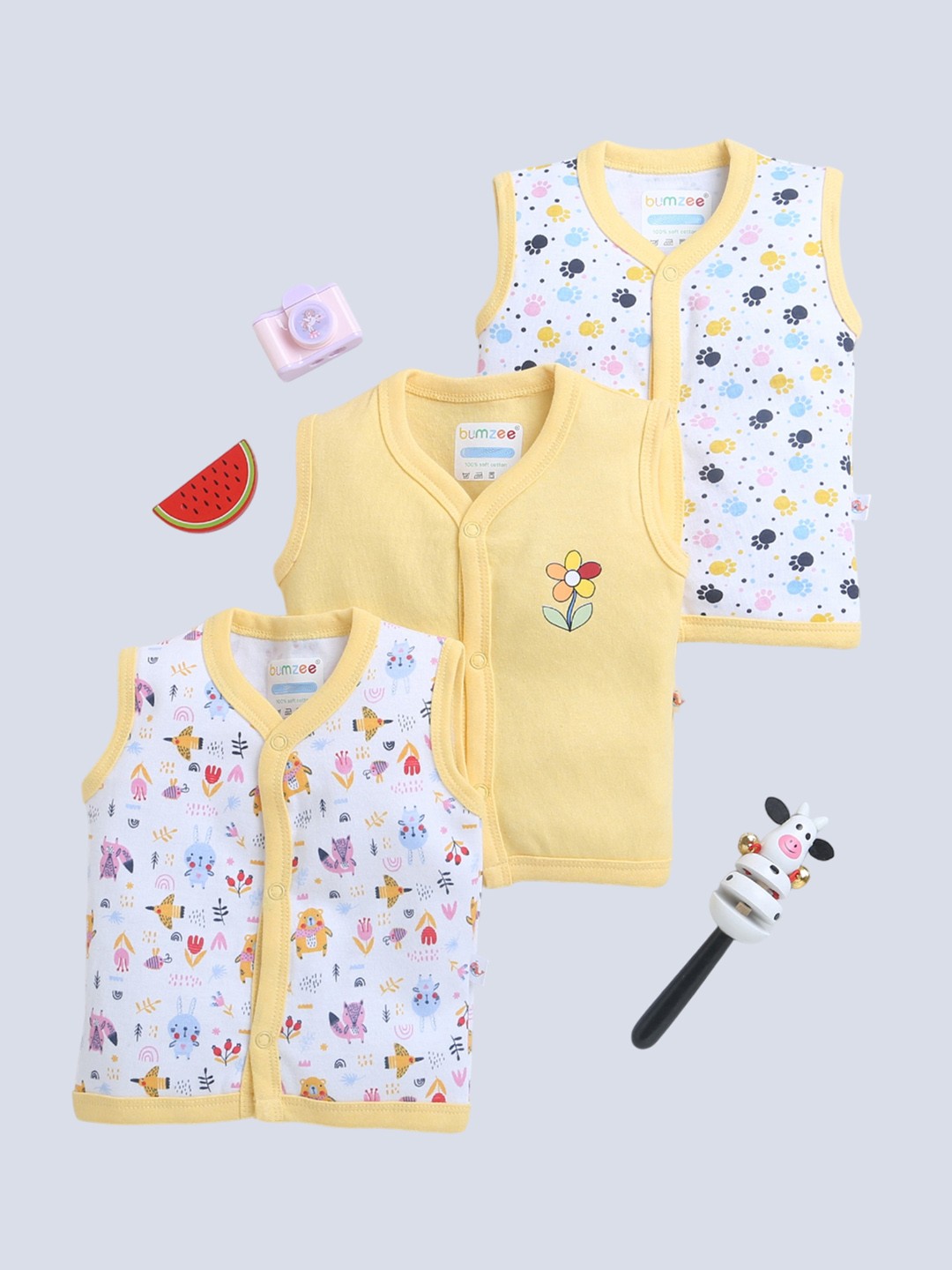 

BUMZEE Infant Girls Pack Of 3 Printed Cotton Jhablas, White