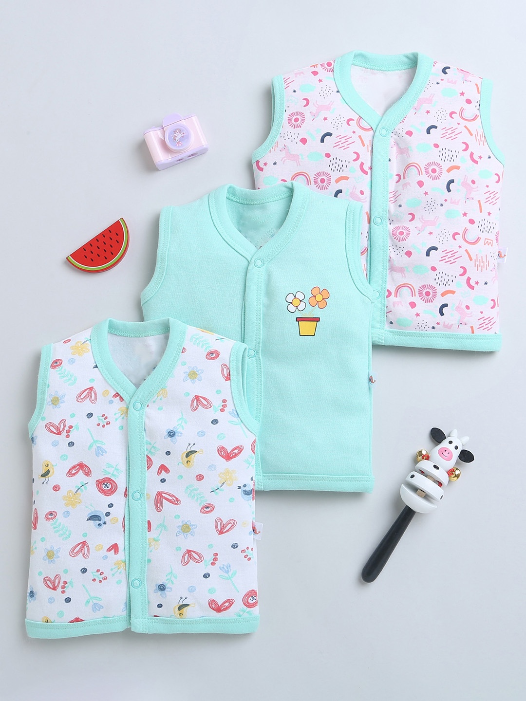 

BUMZEE Infant Girls Pack Of 3 Self-Design Cotton Jhablas, Green