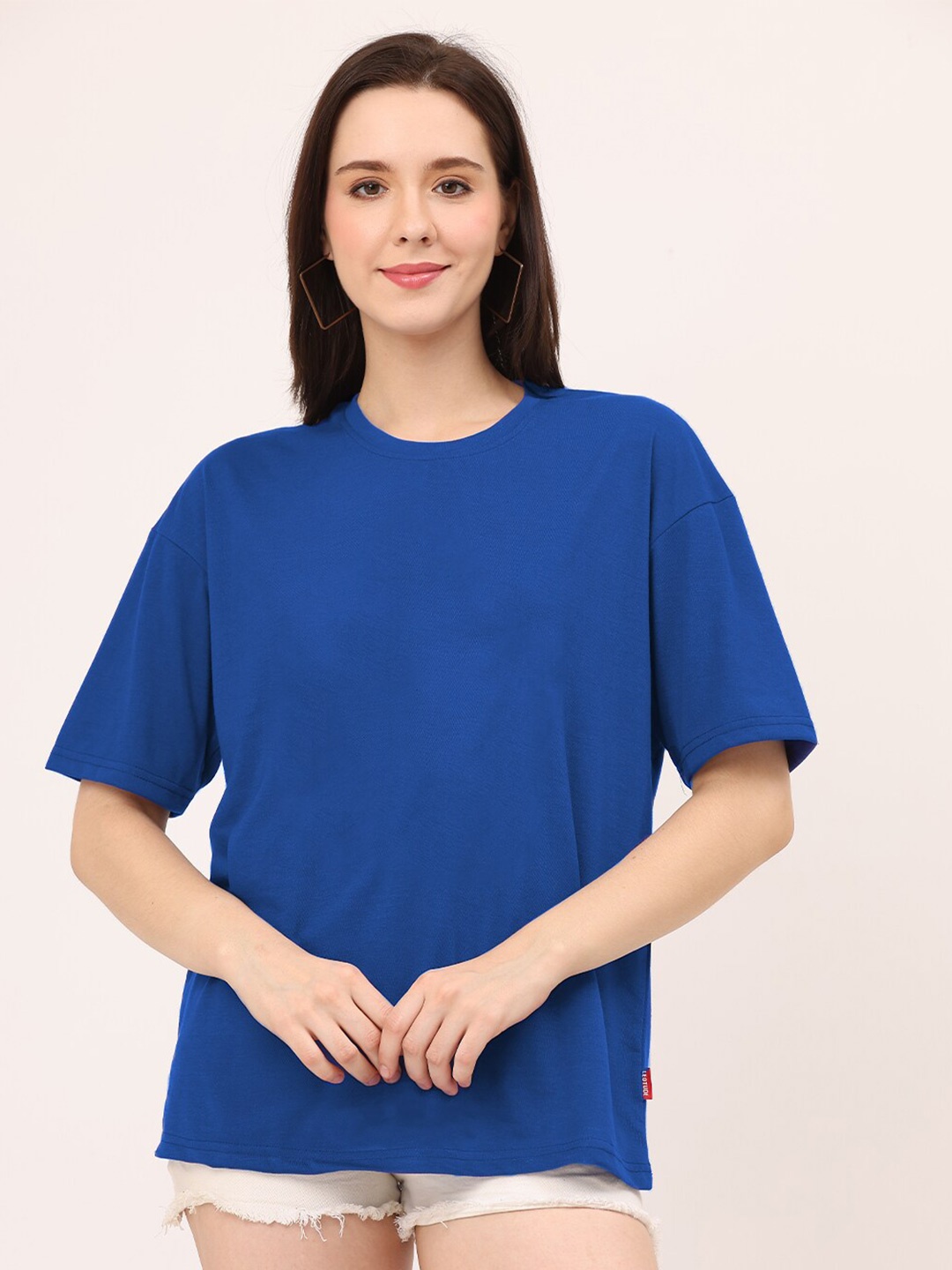 

Leotude Women High Neck Drop-Shoulder Sleeves Pockets T-shirt, Blue