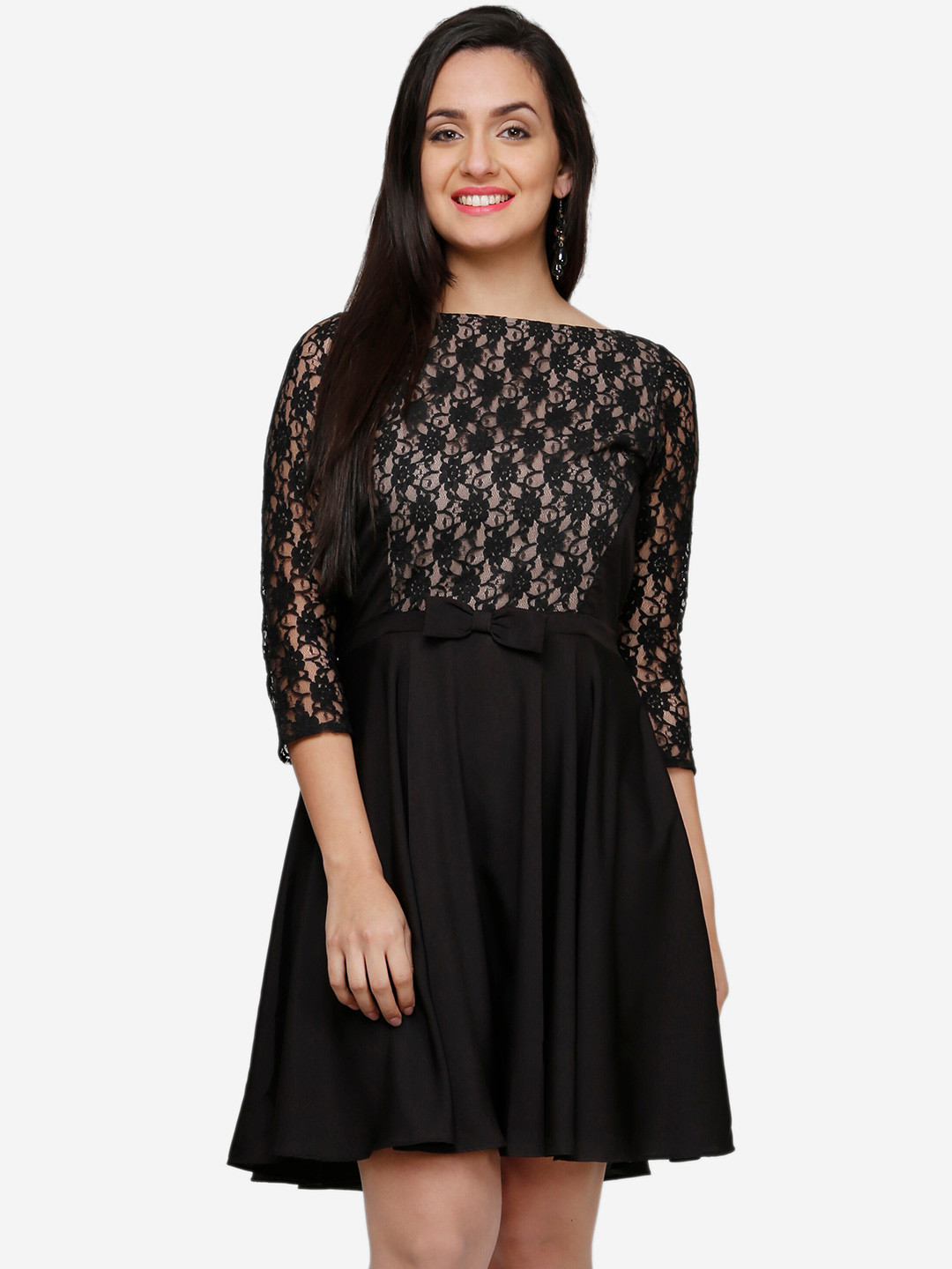 

V&M Women's Crepe Lace 3/4 Sleeves sleeves Mini Dress, Black