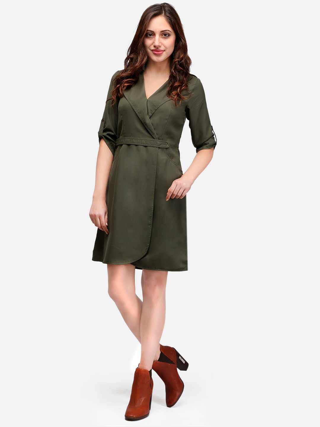 

V&M Women's Crepe Classy Wrap Dress, Olive