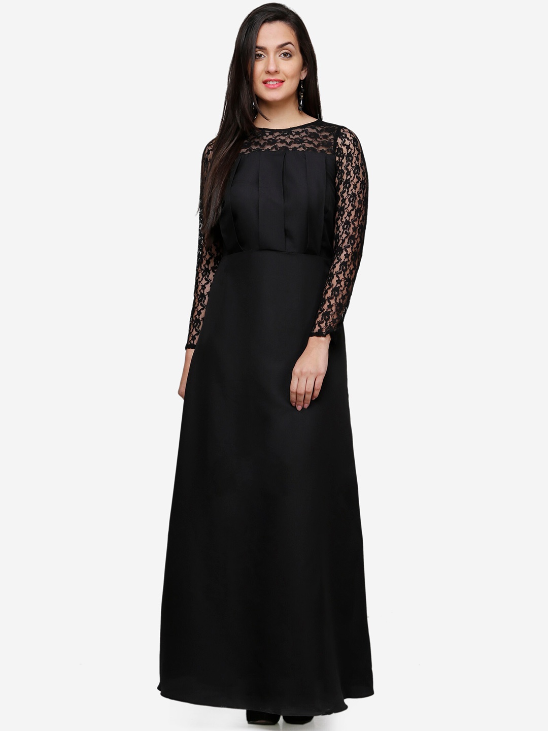 

V&M Women's Crepe Lace Full Sleeves Maxi Party Dress, Black