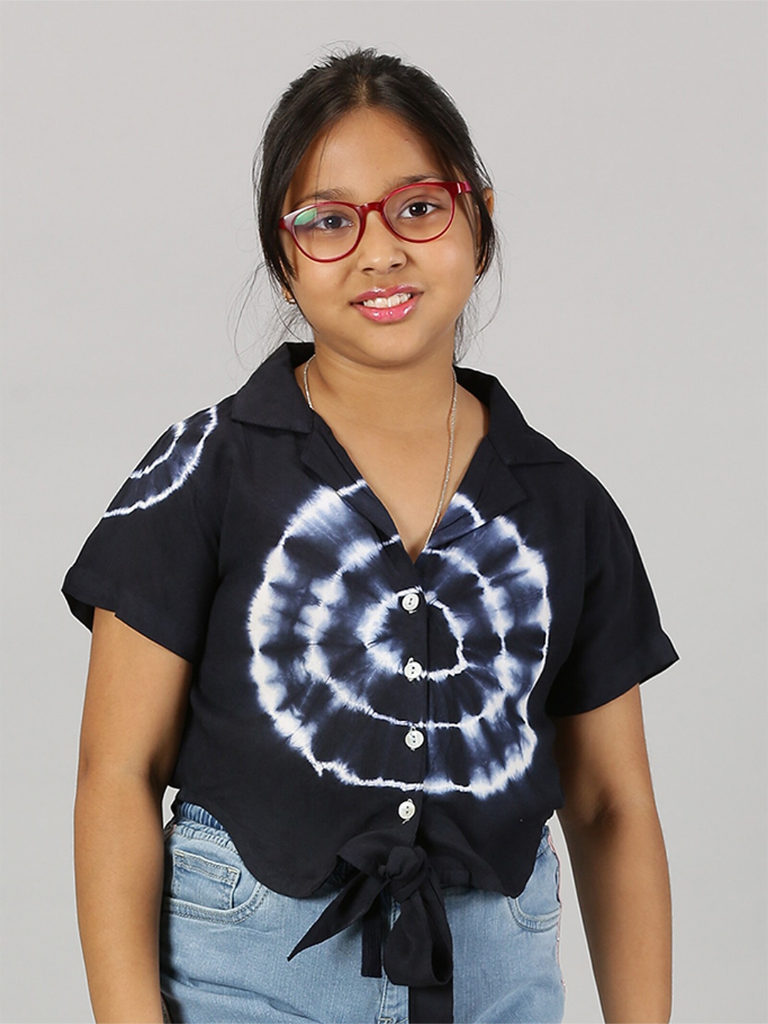 

KiddoPanti Tie and Dye Print Tie-Up Neck Top, Navy blue