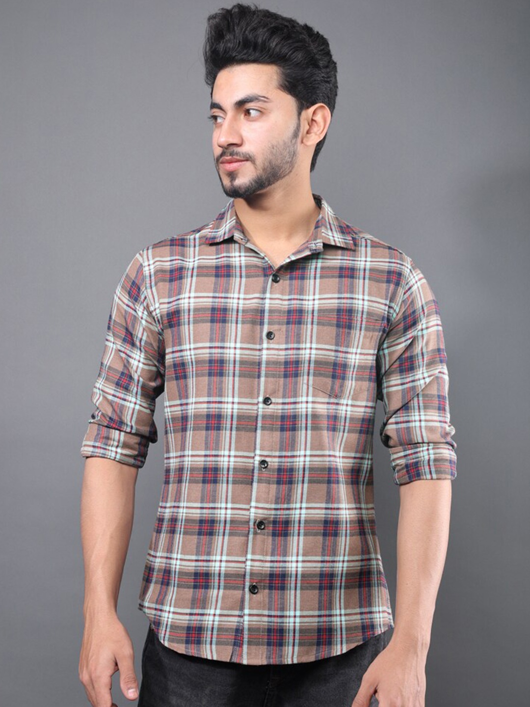 

Eyebogler Men Tartan Checks Opaque Checked Formal Shirt, Brown