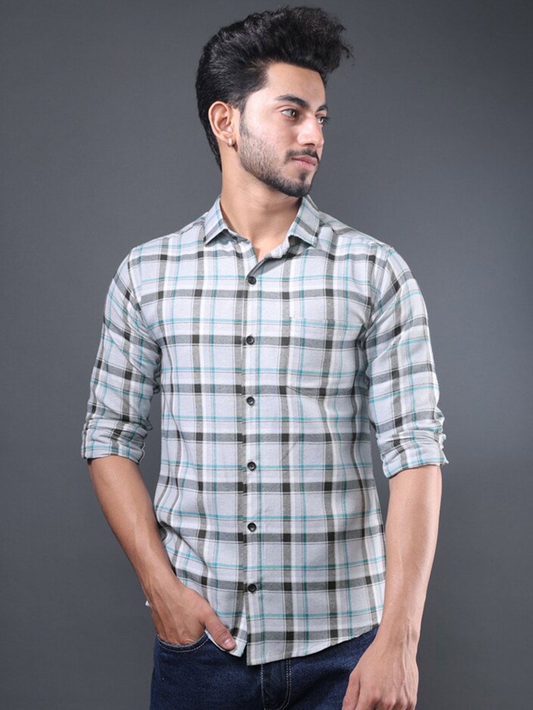 

Eyebogler Men Opaque Checked Formal Shirt, Grey