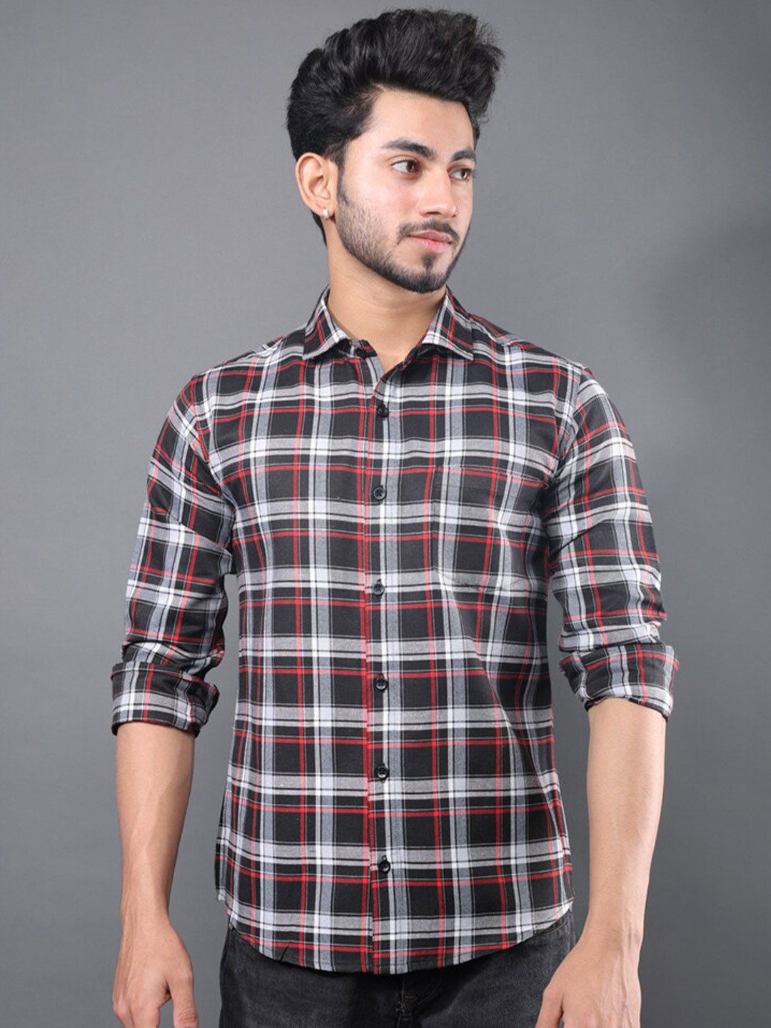 

Eyebogler Men Tartan Checks Opaque Checked Formal Shirt, Black