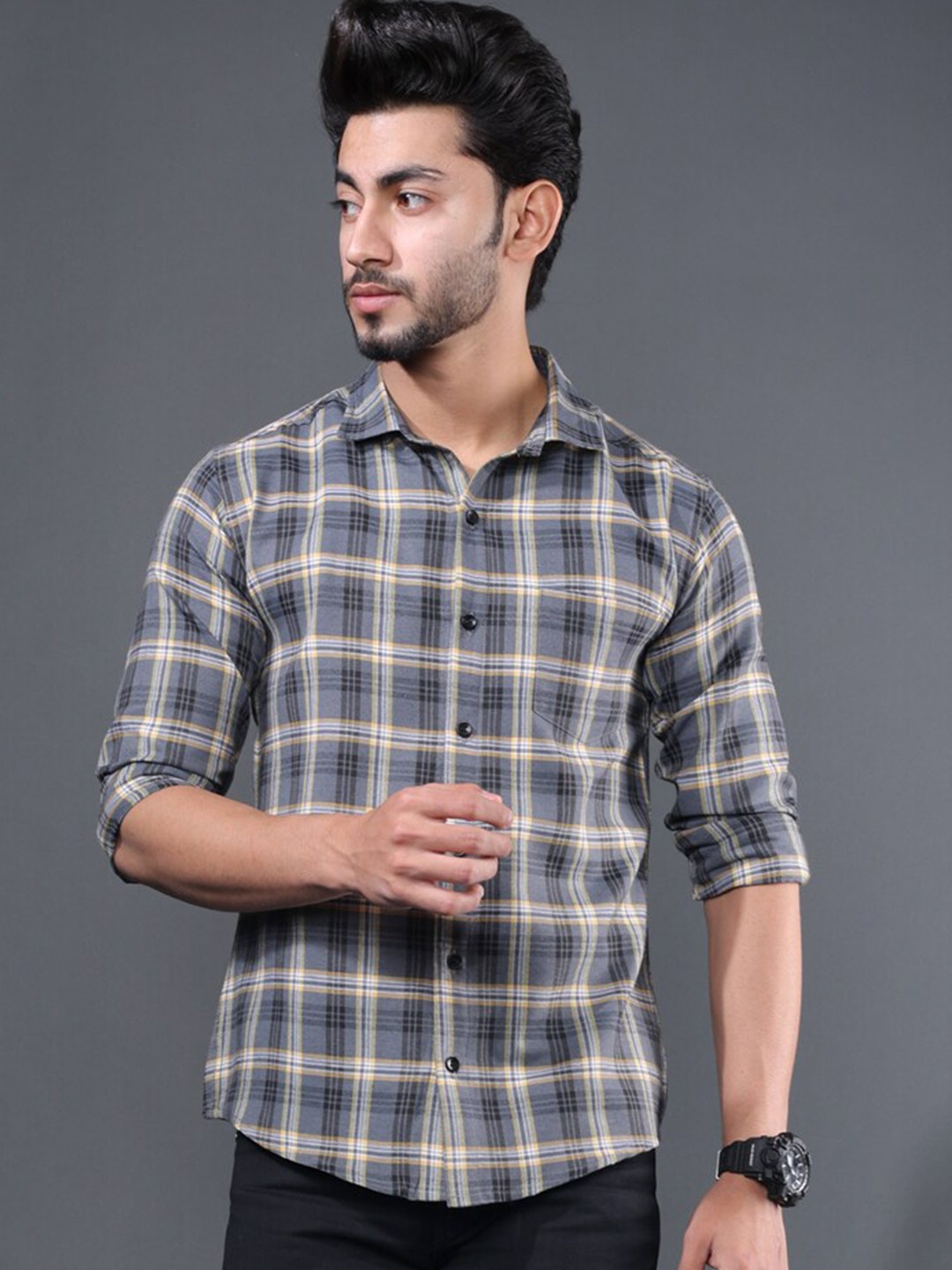 

Eyebogler Men Tartan Checks Opaque Checked Formal Shirt, Grey