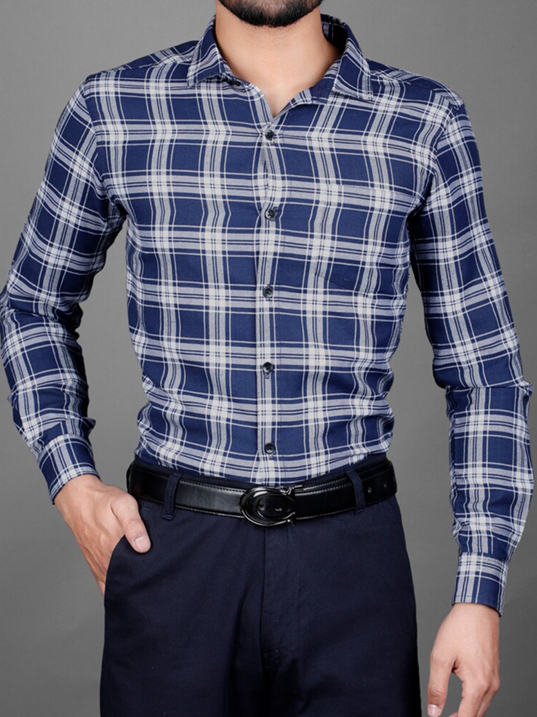 

Eyebogler Checked Spread Collar Casual Shirt, Navy blue