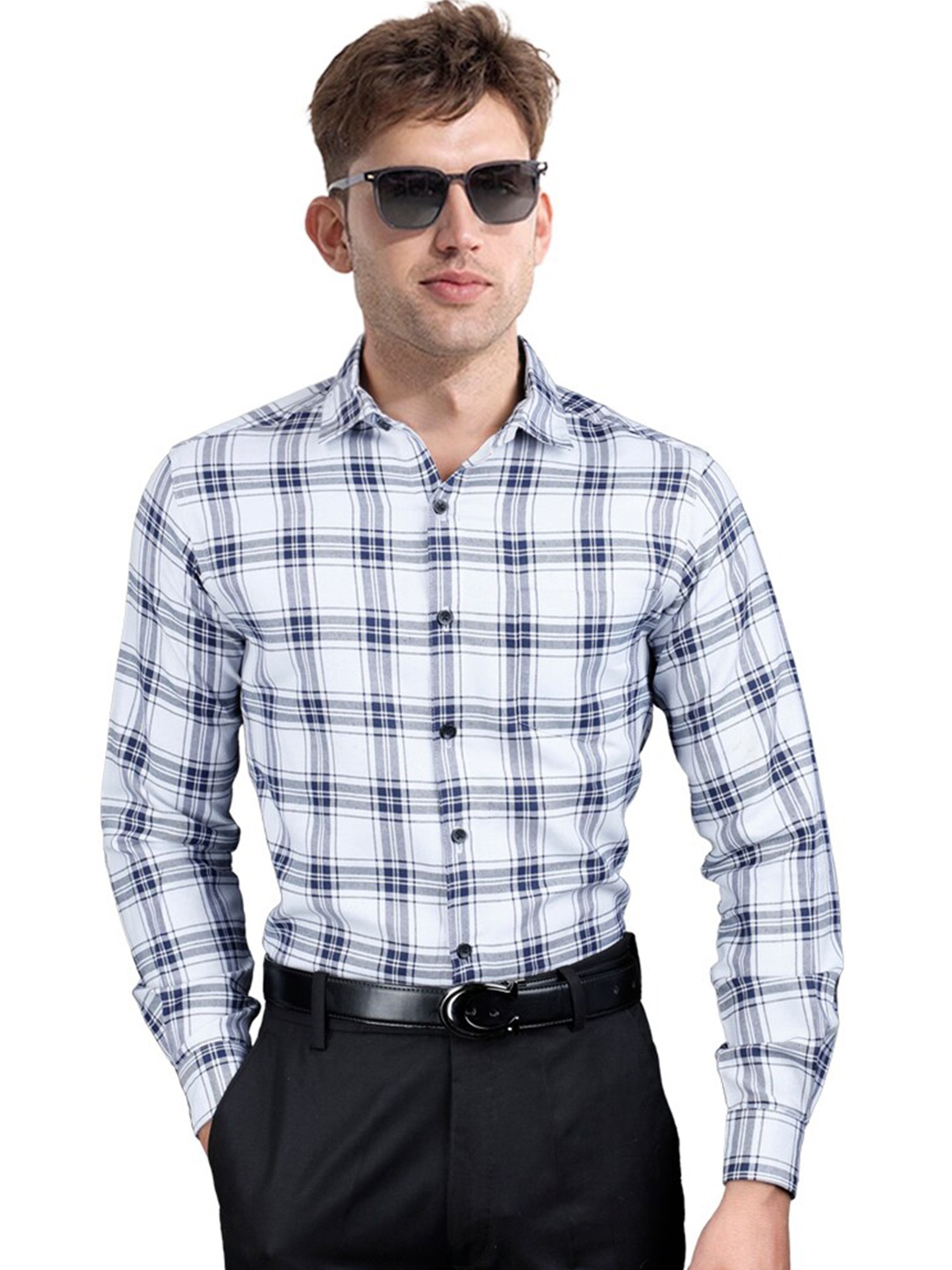 

Eyebogler Tartan Checks Spread Collar Long Sleeves Formal Shirt, White