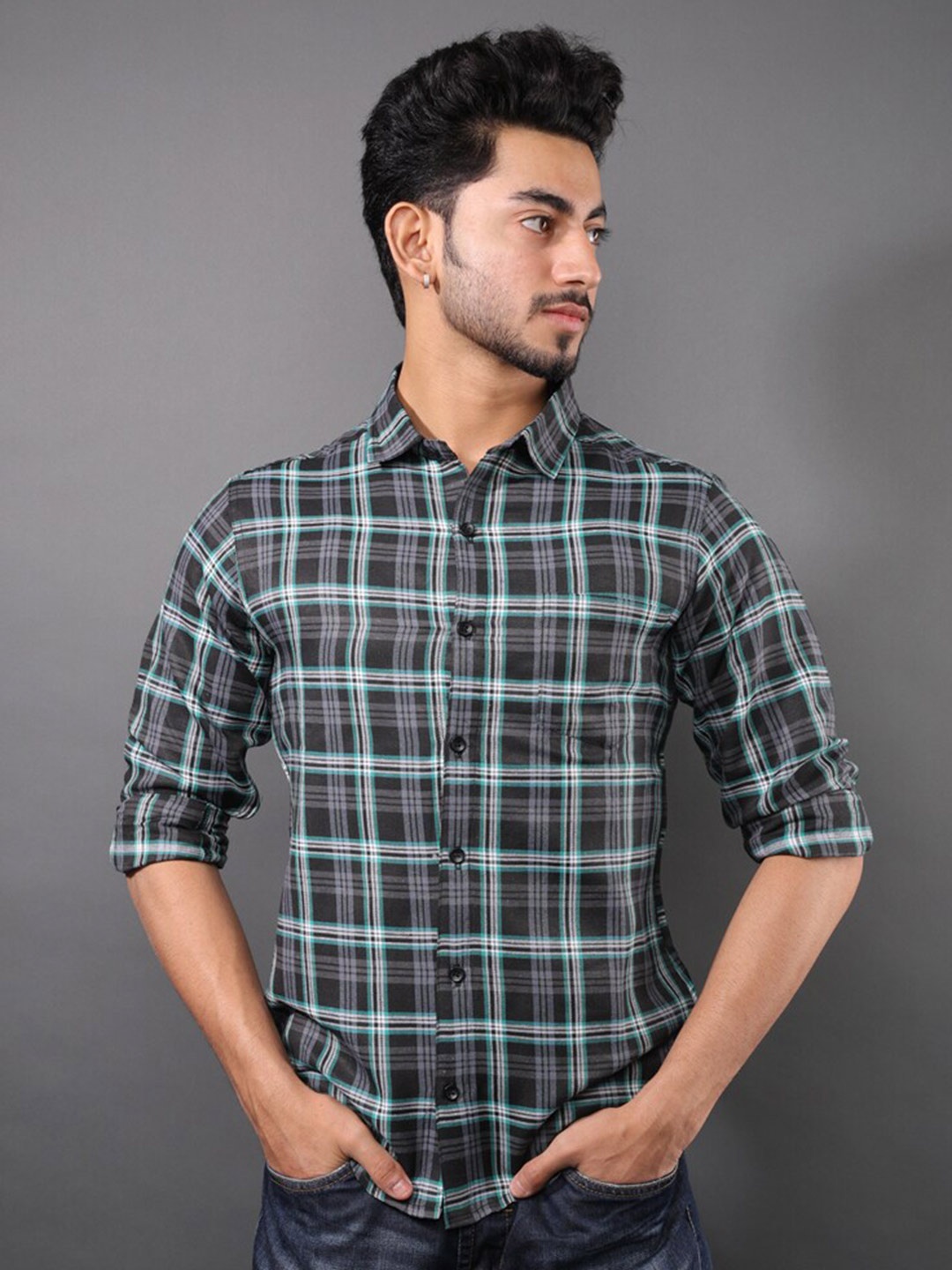 

Eyebogler Men Tartan Checks Opaque Checked Formal Shirt, Black