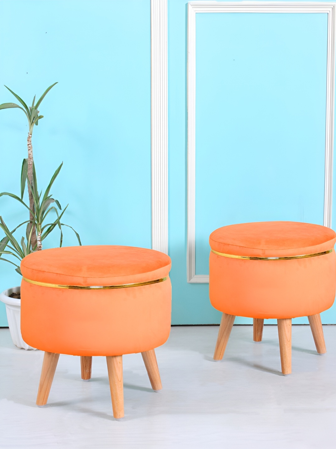 

Shadowkart Orange Wooden Pouffes Sitting Mudda Ottomans